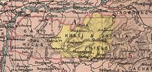 Kartenausschnitt aus Imperial Gazetteer of India (1909): ﻿ die Khasi-Berge in der Mitte als Gebiet „indirekter Herrschaft“
﻿ die Garo-Berge im Westen und die Jaintia-Berge im Osten als britischer Besitz
