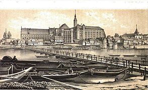 Das Ordensschloss von der Nogat-Seite, um die Mitte 19. Jahrhunderts (Lithographie).
