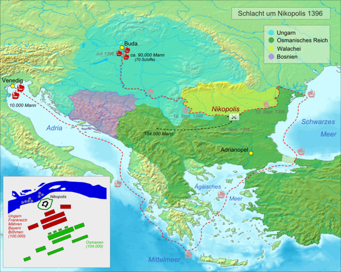 Karte der Schlacht von Nikopolis mit den Anmarschwegen der beteiligten Heere (bei den Heeresstärken handelt es sich um die in den Quellen genannten Höchstzahlen)