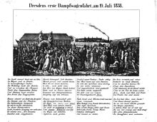 Station Weintraube mit der Kleinen Weintraube: Dresdens erste Dampfwagenfahrt, am 19. Juli 1838. Zeitgenössische Lithografie