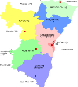 Karte von Bas-Rhin mit Arrondissements (1974–2014)