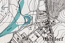 Der Ringkanal und der begradigte Alsterlauf (türkis) auf einer Karte von 1895 mit dem ursprünglichen Alsterlauf (hellblau)