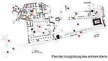 Ausgrabungsstätte in Aleria
3 – Forum, 5 – Tempel, 13 – Prätorium, 15 – Caldarium, 17 – Zisternen