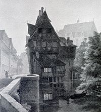 Die Lange Brücke, Stich von 1750 (rechts im Hintergrund die Aegidienkirche, links die Westfassade des Großen Waisenhauses).