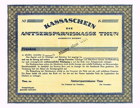 Amtsersparniskasse Thun Kassaschein