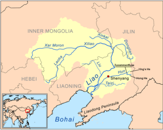 Location of the Ying'e He, Hong He the point where they unite to form the Hun River ("confluence")