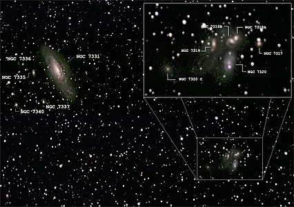 Amateuraufnahme von Stephans Quintett und NGC7331. Der abgebildete Bildausschnitt ist in der Aufsuchkarte markiert.