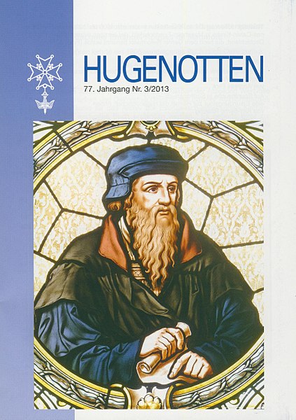 Datei:Hugenotten, Zeitschrift der DHG mit Glasfenster Calvint v. Fontainebleau.jpg