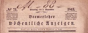 Headline of Bremerleher's weekly advertisements No. 71/1843