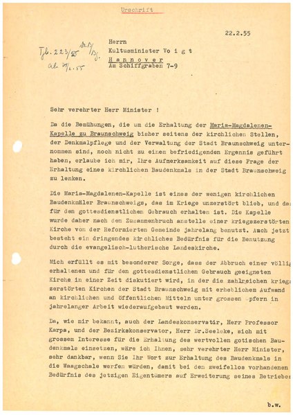 Datei:Braunschweig Maria-Magdalenen-Kapelle 22.02.1955 Schreiben M. Erdmann an R. Voigt Seite 1 (LAW LBF 17).pdf