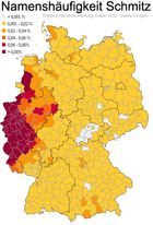 Deutschlandkarte mit Namenshäufigkeit Schmitz