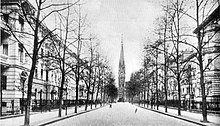 Hansaviertel um 1900, hinten der Vorkriegsbau der Kaiser-Friedrich-Gedächtniskirche