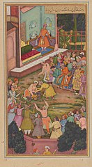 Der betrunkene Akbar kämpft mit Raja Man Singh, 1573. Daulat. Linke Hälfte