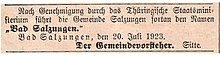 Bekanntmachung aus dem Salzunger Tageblatt vom 25. Juli 1923
