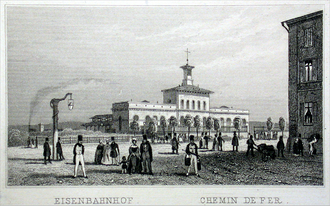 Der Taunusbahnhof vom Ende der Wilhelmstraße gesehen, im Jahr der Eröffnung der Taunus-Eisenbahn, 1840