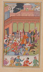 General Mun'im Khan gratuliert zur Geburt von Prinz Murad, 1570. Dharm Das. Linke Hälfte