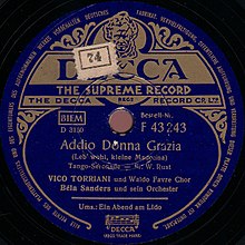 Label der Schellackplatte Addio Donna Grazia von Vico Torriani, 1951