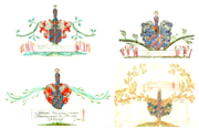 Verschiedene Wappendarstellungen der Groschlags aus Ahnenproben im 18. Jahrhundert. Oben links das Wappen von Friedrich Carl Willibald Freiherr von Groschlag zu Dieburg