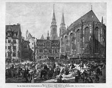 „Die alte Schau zu Nürnberg“. Das Gemälde zeigt den Einzug Gustav Adolfs am Nürnberger Hauptmarkt im Jahr 1632