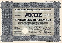 Aktie über 1000 RM der Krauß-Maffei AG vom Oktober 1940