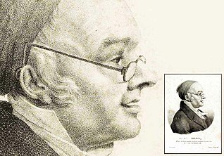 1822 Belgien, womöglich einziges zeitgenössisches Bildnis einer Ohrenbrille mit sichtbar hinter das Ohr abgewinkelten Bügelstangen.