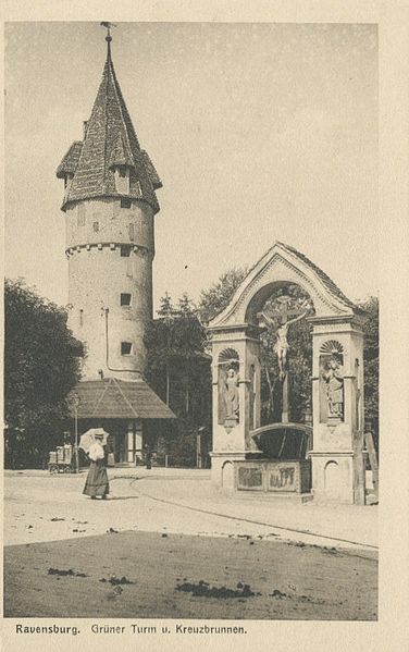 Datei:Ravensburg Grüner Turm und Kreuzbrunnen 1910.jpg