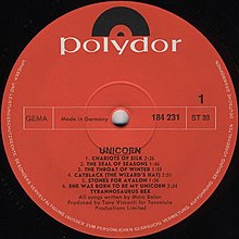 Label des Albums Unicorn, 1969