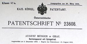 August Musger: Leben und Wirken, Ehrungen, Musgers „Kinematograph mit optischem Ausgleich der Bildwanderung“