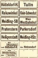 Verschiedene Zielschilder der Dampfstadtbahn, in den ersten fünf Zeilen die ursprüngliche einzeilige Version, darunter die modifizierte dreizeilige Variante