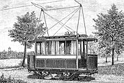 Triebwagen der Groß-Lichterfelder Straßenbahn mit Bügelstromabnehmer, um 1890