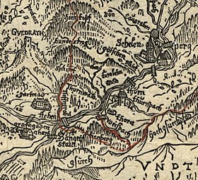 Johann Faistenauer (1577/78–1643): Das Landt und Fürstliche Stifft Berchtolsgaden (1626) Kartenausschnitt: Rote Linie = Grenzverlauf Fürstpropstei Berchtesgaden – Fürsterzbistum Salzburg, li. u. der „Hanget Stain“, Bildmitte rechts der „thurn“