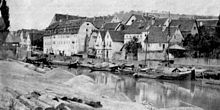 Blick auf die Tauber in Wertheim vor 1873, ganz links die alte Tauberbrücke