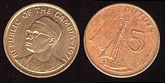 Münze zu 5 Bututs von 1971 mit dem Porträt Jawaras