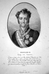 Ferdinand VII. von Spanien, Lithographie von Josef Lanzedelli d. Ä., um 1825 (Quelle: Wikimedia)