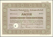 Aktie über 100 RM der Theuma'er Plattenbrüche vom 10. August 1937