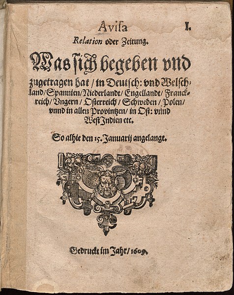 Datei:Aviso Relation oder Zeitung 1609 Titelblatt (Gottfried Wilhelm Leibniz Bibliothek).jpg