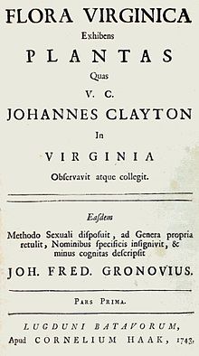Titelseite der Flora Virginica von J.F.Gronovius
