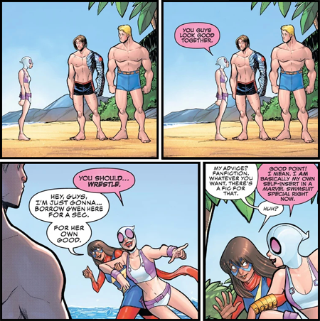 An exchange between Gwenpool and Kamala Khan from Gwenpool Strikes Back #3 (2019) interpreted by commentators as a humorous acknowledgement of the Stucky fandom by Marvel.[1]