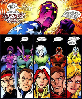 The Thunderbolts' true identities as the Masters of Evil are revealed. Art by Mark Bagley. Thunderboltstrue.png