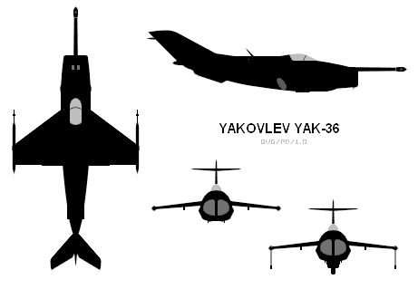 Orthographically projected diagram of the Yakovlev Yak-36.