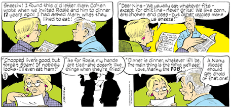 A portion of the Gasoline Alley Sunday strip (May 3, 2009) in which the artist paid tribute to collaborator Mark J. Cohen Mark Cohen tribute in Gasoline Alley.png