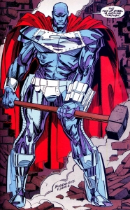 John Henry Irons as "Man of Steel", as seen in the "Reign of the Supermen" story arc. Art by Jon Bogdanove and Dennis Janke.