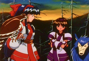 Both forms of Nakoruru appearing as separate characters in the 1999 anime film Samurai Spirits 2: Asura Zanmaden