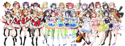 The artwork shows 3 groups from the franchise, with 30 members in total. The 9-member group on the left side is μ's, wearing "It's Our Miraculous Time" costume. Another 9-member group on the centre is Aqours, wearing "Aozora Jumping Heart" costume. And the Nijigasaki High School Idol Club with 12 members, wearing their solo costumes from "Tokimeki Runners" album.