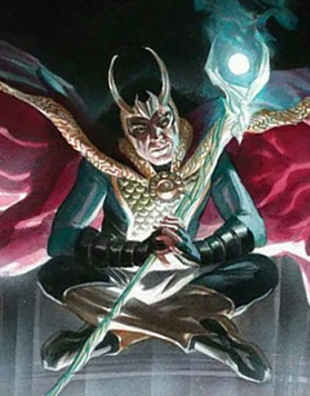 Loki wears Doctor Strange's Cloak of Levitation and Eye of Agamotto (April 2018). Art by Alex Ross