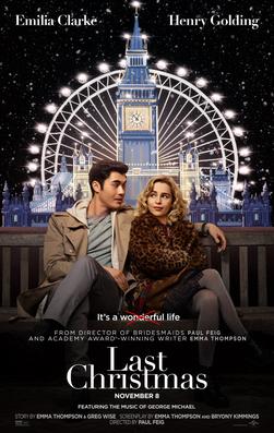 A man and a woman sitting on a bench at night. Behind them a ferris wheel lights up the sky.