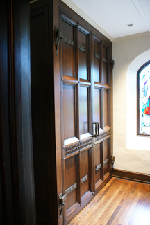 Carved wooden doors in the acolyte vesting room Carved Doors in Acolyte Vesting Room, Independent Presbyterian Church, Birmingham, Alabama.jpg