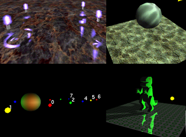 A montage of four OpenGL technical demos disseminated in 1997 with source code by Mark Kilgard Kilgarddorbie4.png