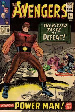 Erik Josten's first appearance as Power Man from The Avengers #21 (Oct. 1965), art by Jack Kirby and Wally Wood.
