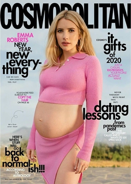 Emma Roberts pregnant, dressed in a pink top and skirt from Frankies Bikinis